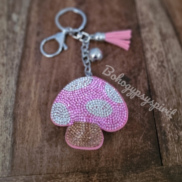 🍄Mushroom Crystal Rhinestone Keychain Bag Charm With Pink Tassel - Picture 5 of 8